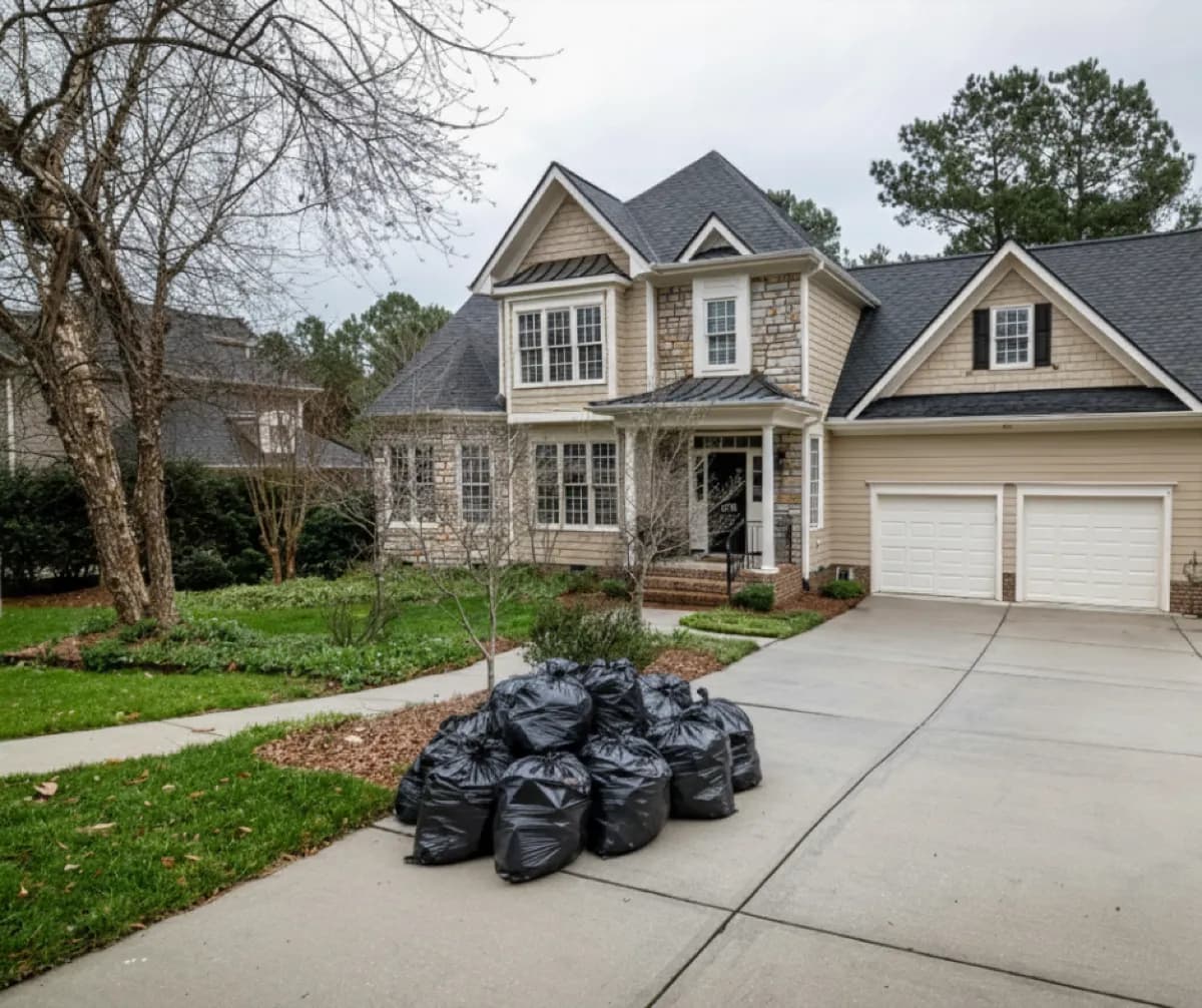 Front yard cluttered with numerous black trash bags and junk before professional removal service in Arlington, TX